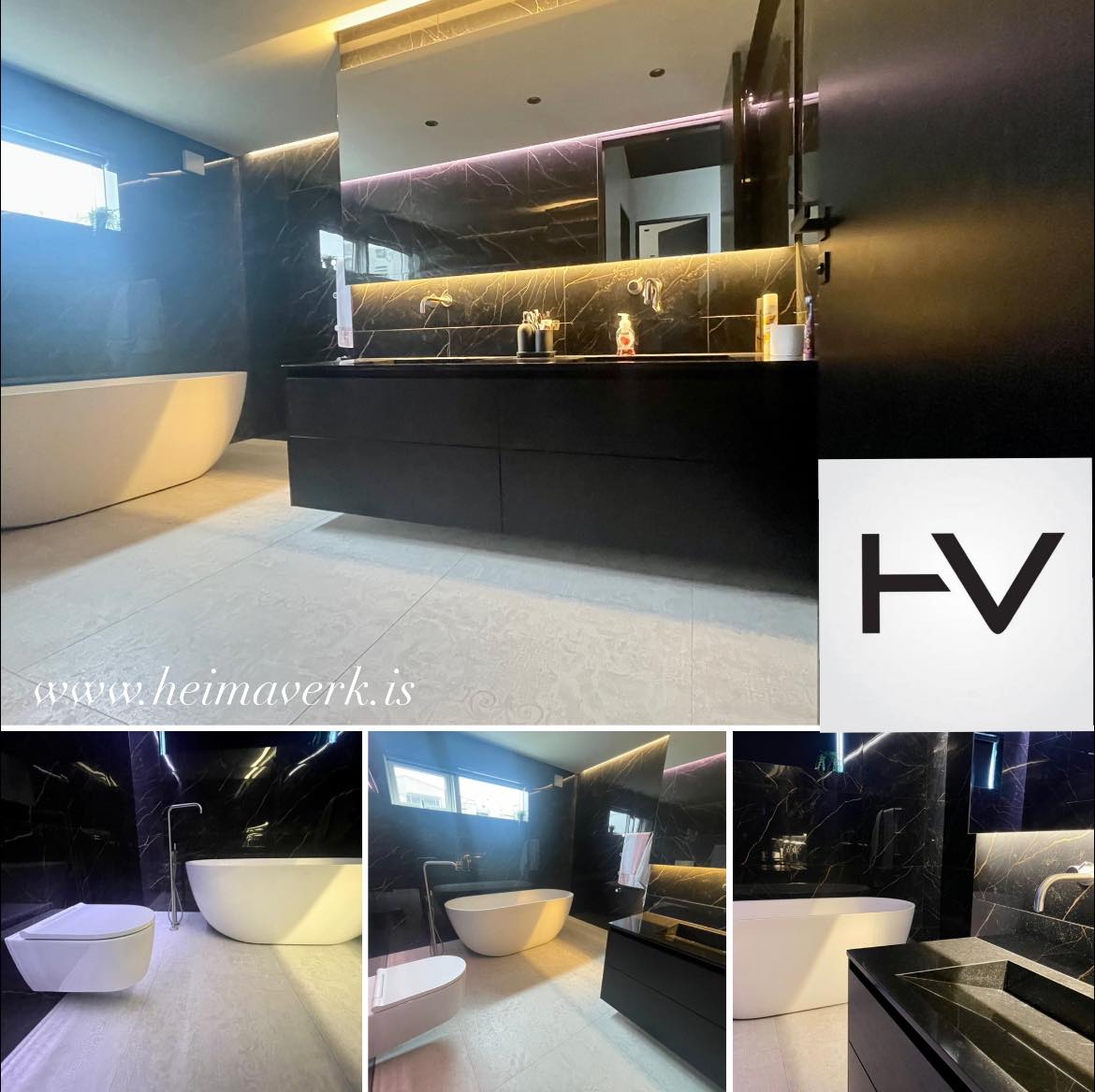 Versace baðherbergi í Urriðaholti með Marble Nero flísum á veggjum
